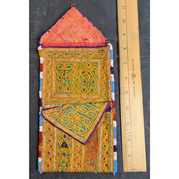 Kuchi Embroidered Pouch Wallet Central Asian Handmade Beaded Yellow Green - Picture 3 of 8